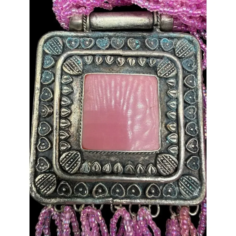 Handmade Pink Multi-Strand Beaded Necklace with Ornate Square Pendant